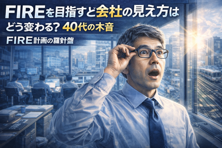 会社のオフィスを見ていたら急に見え方が変わったことに驚くメガネおじさん。FIREを目指すと会社の見え方はどう変わるのかを表現したアイキャッチ画像。