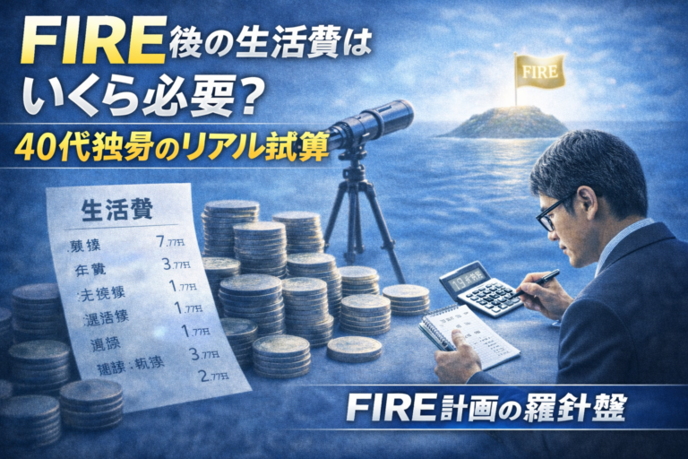 FIRE後の生活費を計算しながら、望遠鏡でFIREの島を見つめるメガネのおじさんを描いた早期リタイアと生活費試算のイメージアイキャッチ