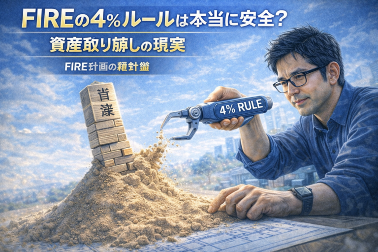 資産の塔を倒さないよう砂を崩しながら取り崩していくメガネのおじさん。4％ルールのマジックハンドで資産取り崩しを表現した青基調のアイキャッチ。