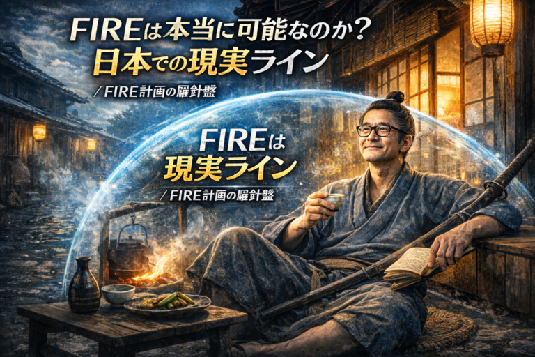 長屋で素浪人のような暮らしをするちょんまげのメガネおじさんが、日本でのFIRE生活をのんびり楽しむ様子を描いた青基調の実写風アイキャッチ画像