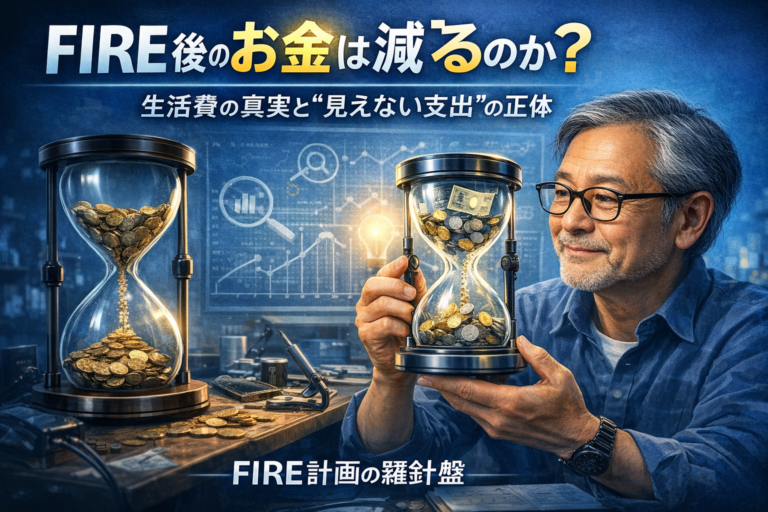 お金が砂時計のように減る様子と減らない仕組みを作ろうとするメガネのおじさんを描いた青基調のイメージ