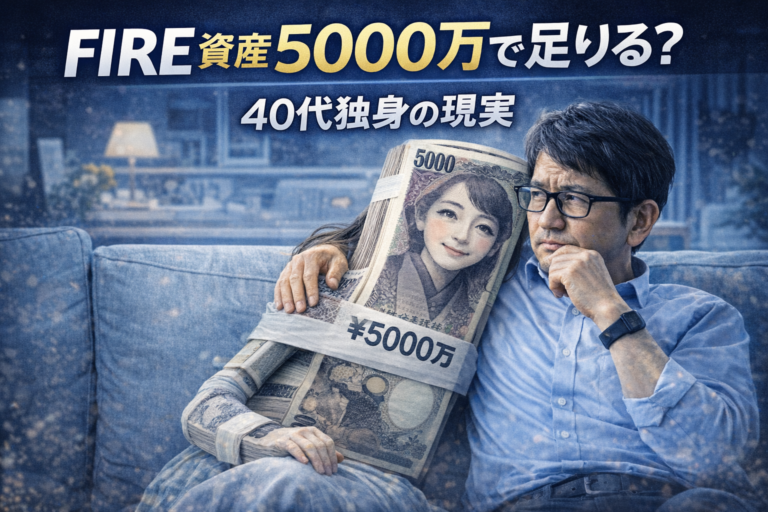 FIRE資産5000万円で足りるのか悩む40代独身メガネおじさんと5000万円を擬人化したイメージ