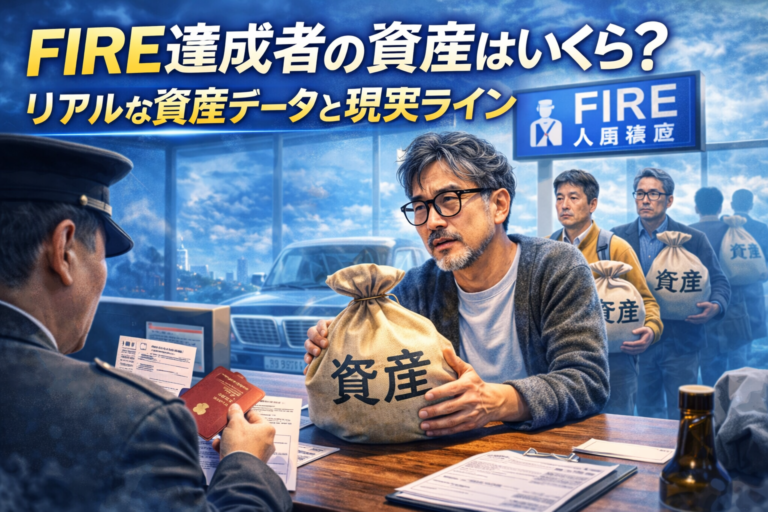 資産と書かれた袋を抱えた中年男性たちがFIREと書かれた国に入国するため通関審査を受ける中、自分の資産が足りるか不安そうなメガネの男性を描いた資産形成をテーマにした青基調の実写風アイキャッチ画像