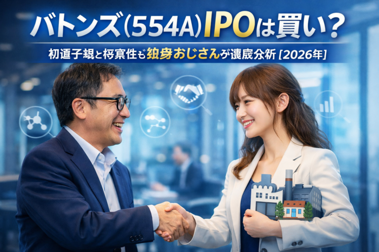 バトンズ（554A）IPOのイメージ。M&Aマッチングサービスで事業（企業）と出会い、握手するメガネの40代独身男性。青基調のビジネスシーンでIPO分析を表現したアイキャッチ