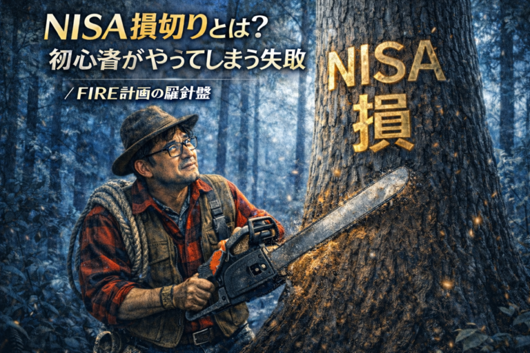 木こり姿のメガネおじさんが「NISA損」と書かれた大木を前にチェーンソーを持ちながら切り倒すか迷っている様子を描いた、NISA損切りの判断を表現した青基調の実写風アイキャッチ画像