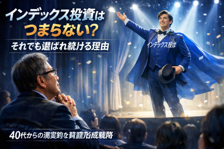 舞台でスポットライトを浴びて輝く「インデックス投資」を擬人化した大俳優を、客席からメガネのおじさんが憧れの目で見つめている青基調の実写風アイキャッチ画像