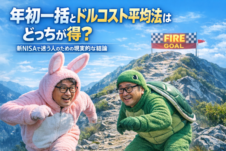 ウサギとカメの着ぐるみを着たメガネのおじさん2人が山道を登り、FIREゴールを目指して競争している様子（年初一括とドルコスト平均法の比較イメージ）