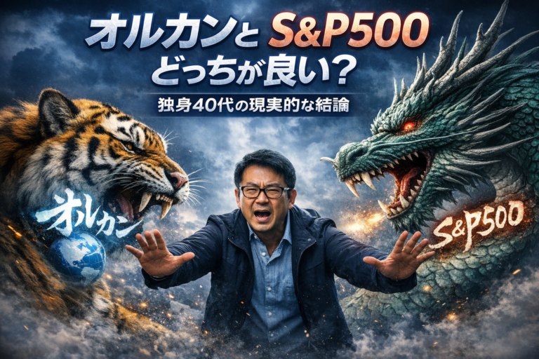 虎に「オルカン」、龍に「S&P500」の書道風文字が描かれ、両者の間に割って入るメガネのおじさんを表現した青基調のイメージ