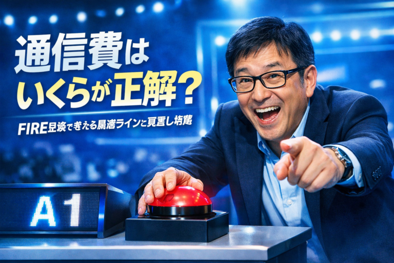クイズ番組で通信費の正解は何かという問題に早押しで答えるクイズ王のメガネおじさんを描いた青基調のイメージ