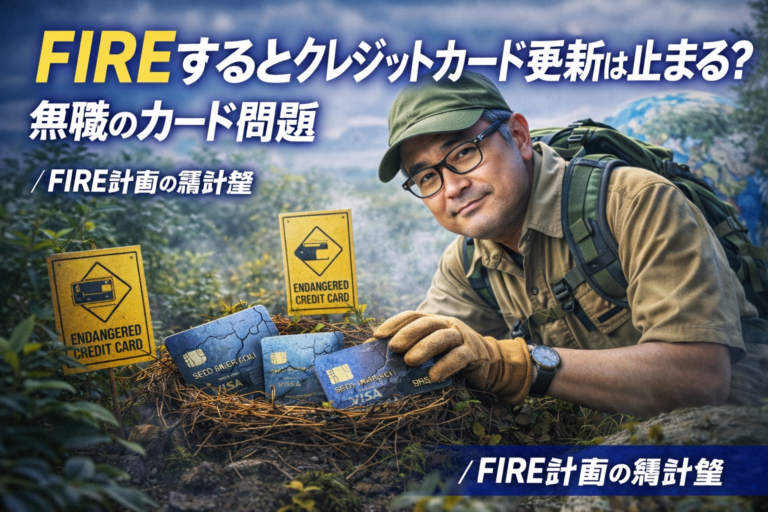 FIRE後のクレジットカード問題をテーマに、絶滅危惧種のカードを保護する環境活動家のメガネおじさん。無職になるとカード更新は止まるのかを解説する記事のアイキャッチ。