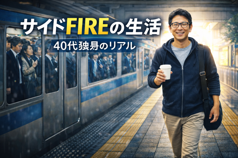 満員電車を背にコーヒーを片手に笑顔で歩くメガネのおじさんを描いた、サイドFIREの自由な生活を表現した青基調の実写風アイキャッチ画像