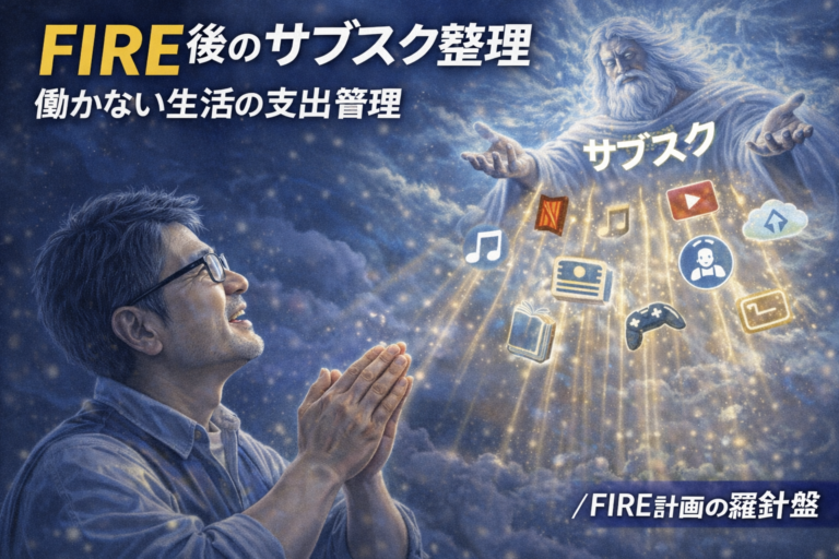 FIRE後のサブスク整理をテーマに、サブスクの神様から動画・音楽・読書など様々な娯楽のサービスが光となって降り注ぐ中、それを崇めながら受け取るメガネおじさんを描いた青基調の実写風アイキャッチ画像