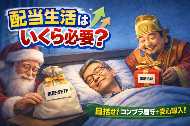 サンタクロースと福の神に扮した高配当ETFと高配当株のキャラクターが、眠っているメガネのおじさんの枕元に配当をイメージしたプレゼント袋やギフトボックスをそっと置いていく様子を描いた青基調のイメージ