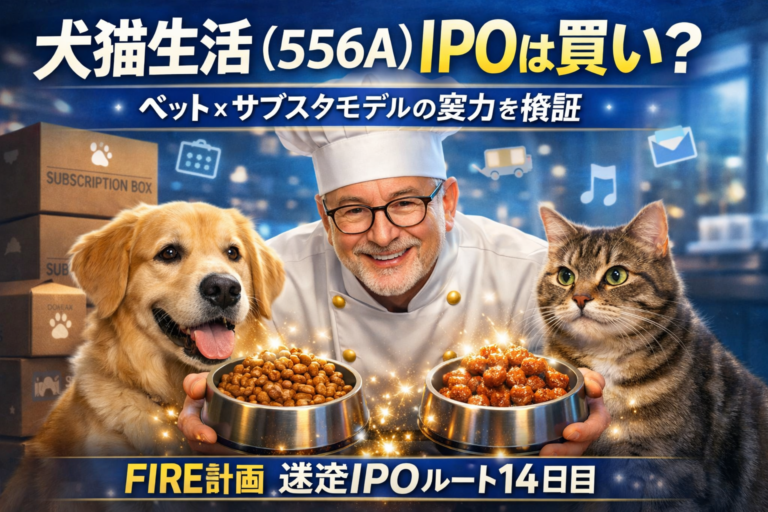 サブスク型ペットフードを提供する三ツ星シェフ風のメガネおじさんが、高級感あるペットフードを犬と猫に振る舞う様子。犬猫生活（556A）IPOをイメージした青基調のアイキャッチ