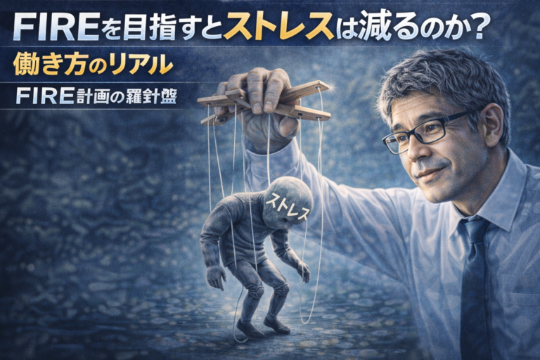 ストレスと書かれたマリオネットを巧みに操るメガネおじさん。FIREを目指すことで仕事や人生のストレスをコントロールできるようになるイメージを表現したアイキャッチ画像。
