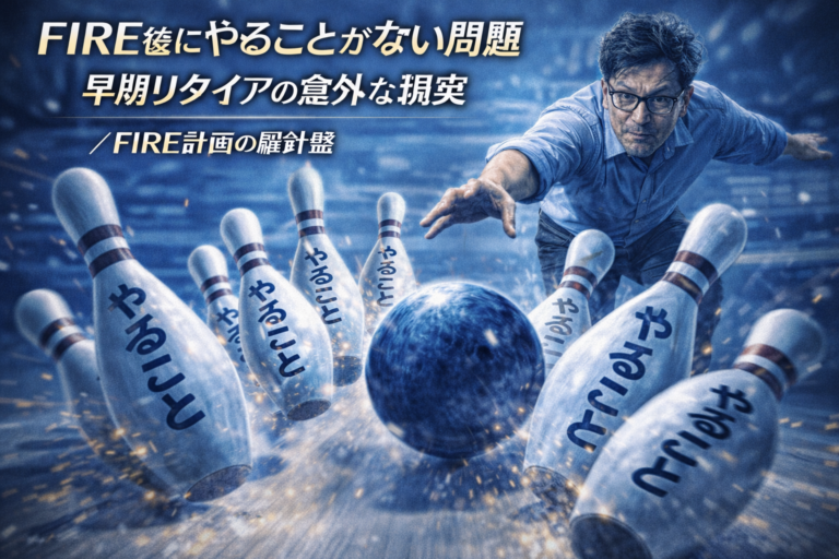FIRE後にやることがない問題をテーマに、やることと書かれたボウリングピンをストライクで倒すメガネのおじさんのイメージ