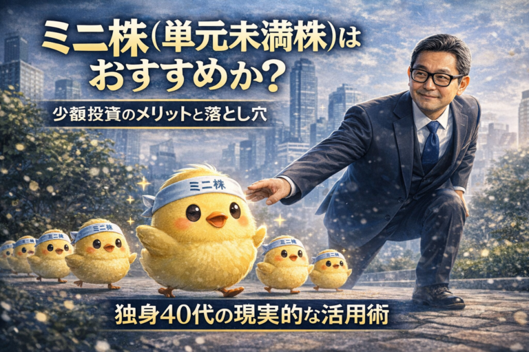 単元株から生まれたミニ株のひよこを先導しながら活用するメガネのおじさんを描いた青基調のイメージ