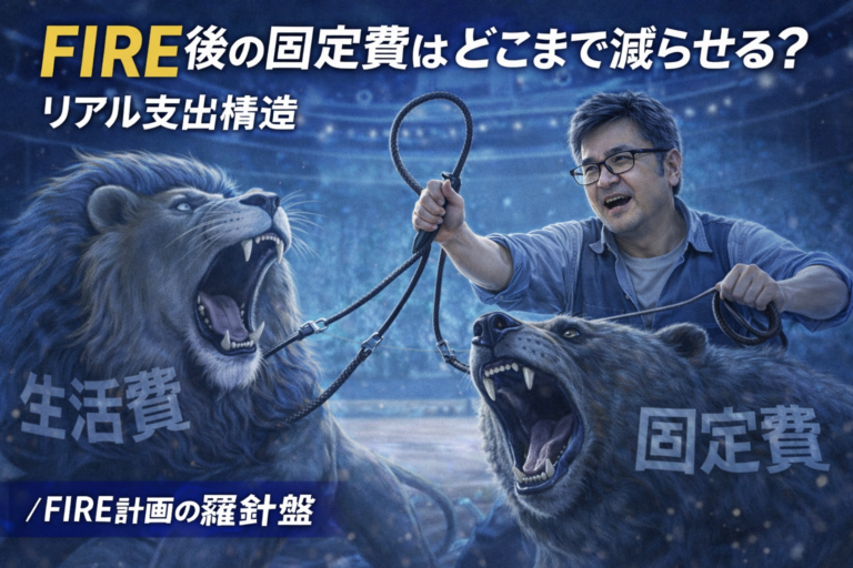 FIRE後の生活費と固定費をテーマに、ライオン（生活費）とクマ（固定費）という猛獣をロープでコントロールする猛獣使いのメガネおじさんを描いた青基調の実写風アイキャッチ画像