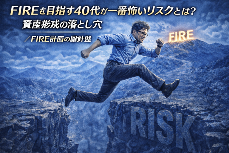 FIREを目指す40代のメガネおじさんが、資産形成のリスクという落とし穴を飛び越えるイメージ