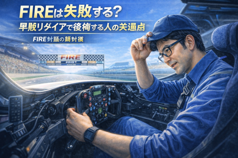 FIREを目指すカーレースのスタート前、コックピットで入念に準備するメガネのおじさん。早期リタイアで失敗しないための準備を表現した青基調のアイキャッチ。