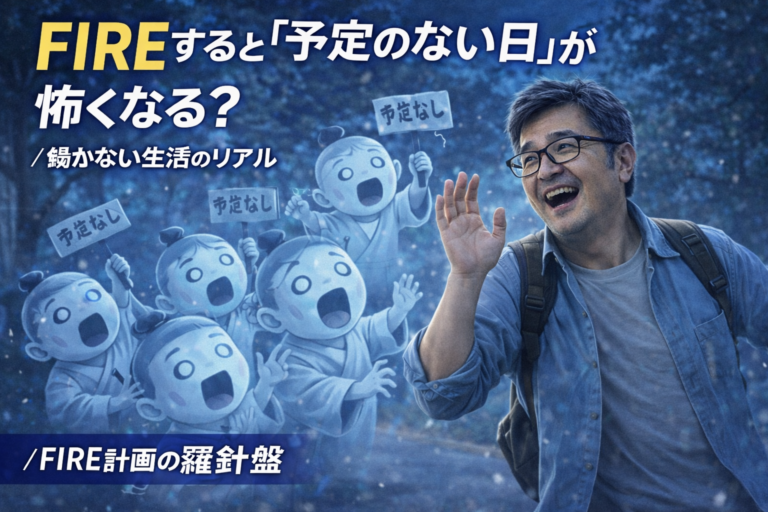 FIRE後の予定のない日をテーマに、予定がないことを象徴するお化け小僧たちが近づいてくる中でも気にせず笑いながらやり過ごすメガネおじさんを描いた青基調の実写風アイキャッチ画像