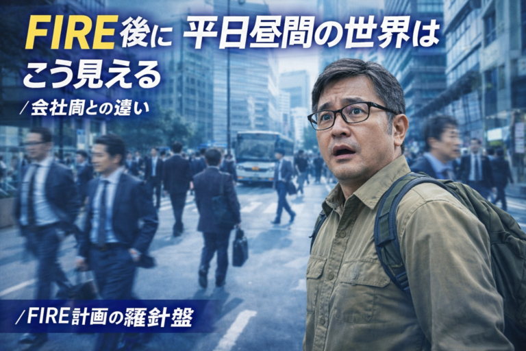 FIRE後に平日昼間の街へ出て異世界のような景色に驚く転生者のメガネおじさん。会社員が行き交う昼の街で、FIRE後の時間の自由を実感する様子を表したアイキャッチ。