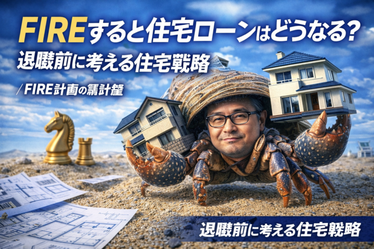 住宅戦略を考えながら家を持ち替えるヤドカリ姿のメガネおじさん。FIRE後の住宅ローンと住まいの戦略を解説する記事のアイキャッチ。