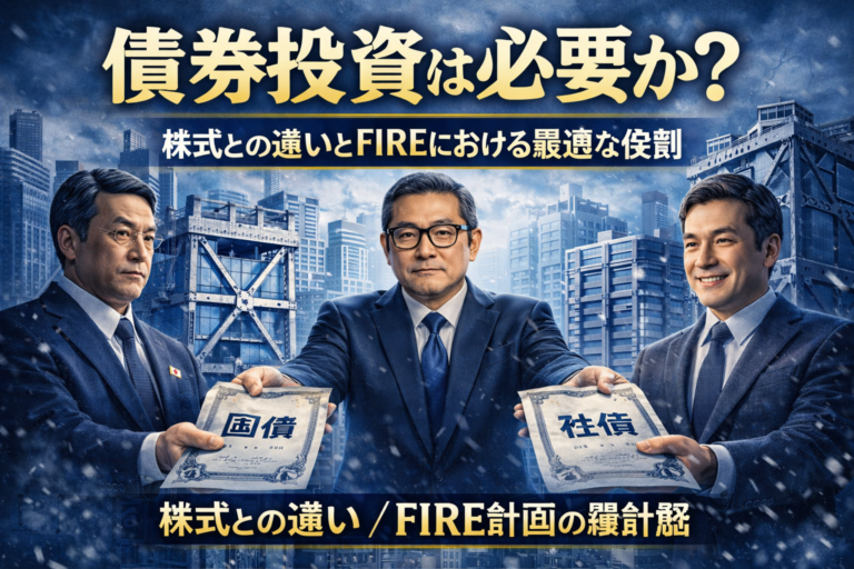 国債と社債を象徴する擬人化された国と企業にお金を貸し、資産を耐震構造のように安定させるメガネのおじさんを描いた青基調のイメージ