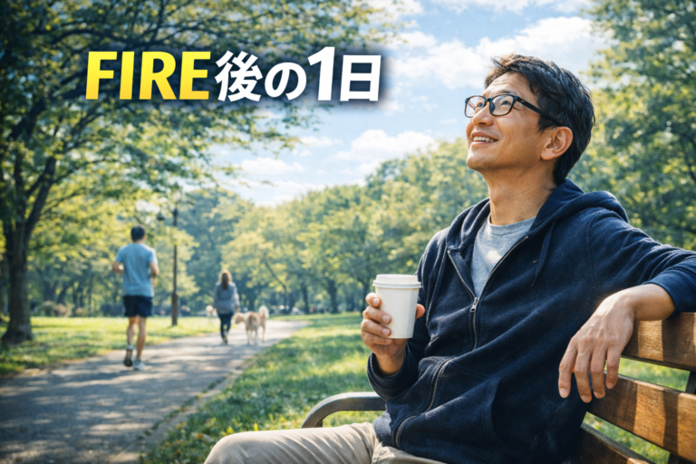 公園のベンチでコーヒーを片手に空を見上げるメガネのおじさんを描いた、FIRE後の自由な1日の過ごし方を表現した青基調の実写風アイキャッチ画像