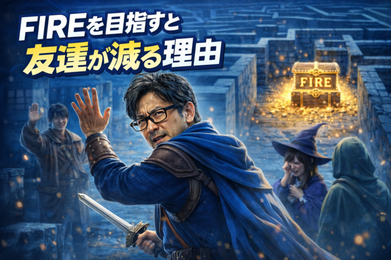 FIREを目指すメガネの独身おじさんが迷宮を進みながら仲間と別れを告げ、財宝「FIRE」に向かって進む様子を描いたイメージ