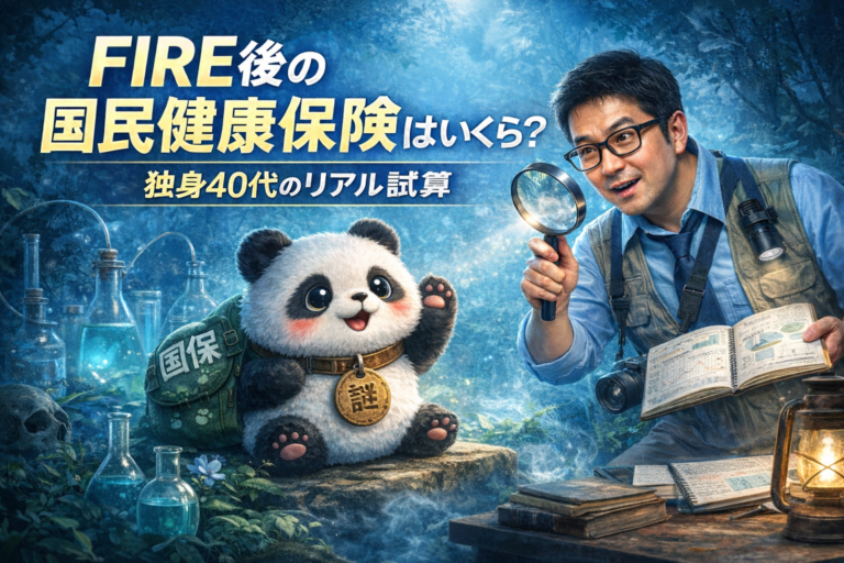 国民健康保険の仕組みを調査するメガネの独身おじさんが、国保と書かれたかわいいパンダの生物を虫眼鏡で観察しているイメージ