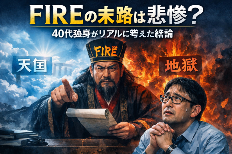 FIREの末路をテーマに、天国と地獄の分岐点で閻魔のような審判から判断を受ける40代独身メガネ男性のイメージ。早期リタイアの成功と失敗を象徴した青基調のアイキャッチ