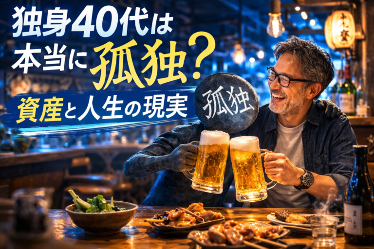 居酒屋で擬人化した「孤独」と楽しそうに酒を酌み交わすメガネの40代独身男性を描いた、独身40代の孤独と人生の現実を表現した青基調の実写風アイキャッチ画像