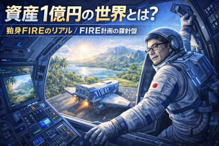 資産1億円の宇宙船に乗り込み、FIREという楽園の惑星へ着陸しようとする宇宙飛行士のメガネおじさんを描いたアイキャッチ