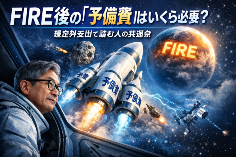 FIREという惑星に向かうロケットに乗ったメガネのおじさんが予備費の補助ロケットで危機を回避する様子を描いた青基調のイメージ