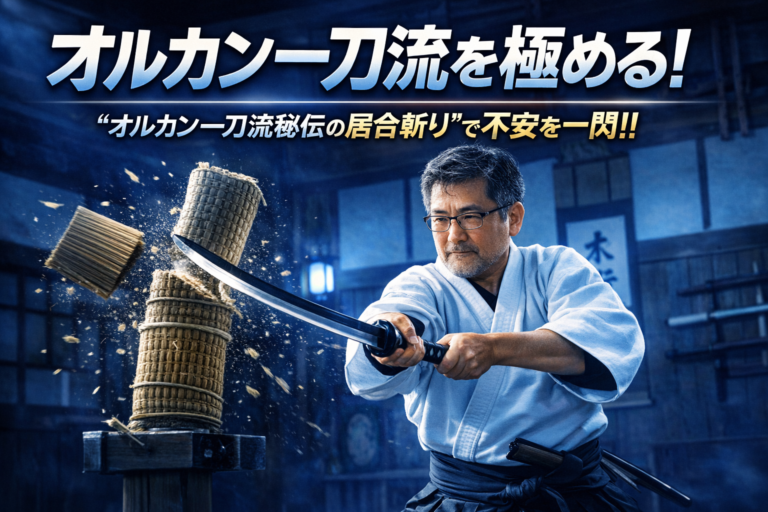 オルカン一刀流を極めたメガネのおじさんが、居合切りで巻き藁を一閃し、不安を断ち切るイメージ（実写風・青基調）