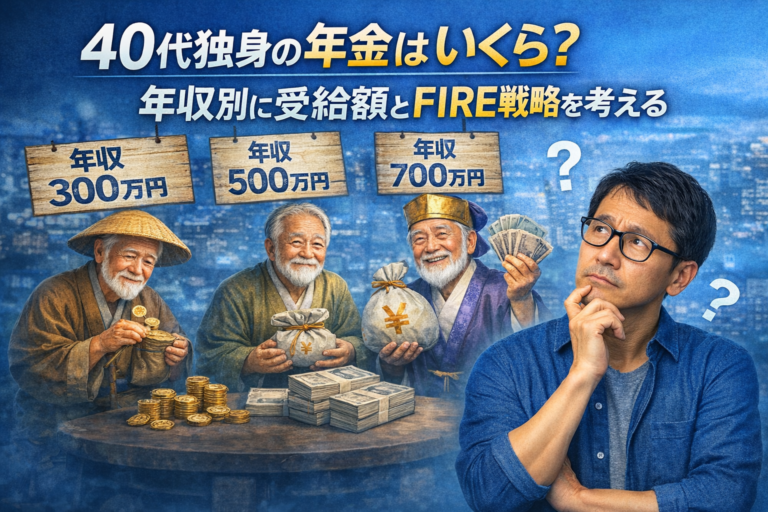 年収別の年金受給イメージとして、300万円・500万円・700万円の年収のお爺さんを見ながら、自分の将来の年金を考え込むメガネのおじさん