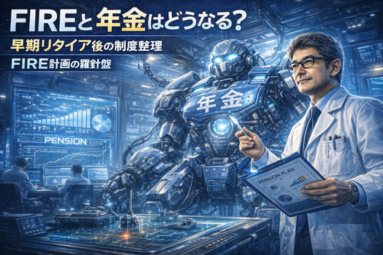 FIRE後の年金制度を解説するメガネおじさん博士と、年金を象徴する巨大ロボットを描いたアイキャッチ。早期リタイア後の年金の仕組みを研究するイメージ