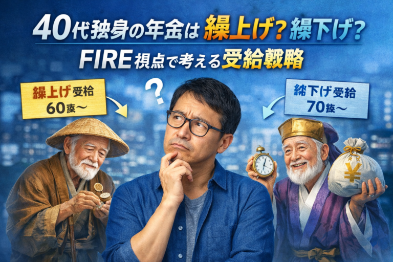 40代独身の年金受給戦略を考えるメガネのおじさんが、繰上げ受給のお爺さんと繰下げ受給のお爺さんを見比べて悩んでいるイメージ
