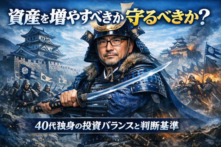 青基調の実写風アイキャッチ。メガネのおじさんが戦国大名のような甲冑姿で刀を構え、自軍の城を守りつつ敵の城を攻める構図で、資産を増やすか守るかという投資バランスのテーマを表現している。