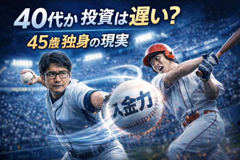 40代から投資は遅い？というテーマで、入金力と書かれた変化球を投げるメガネのオールドルーキー投手が若い打者を翻弄するイメージのアイキャッチ