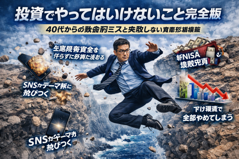 崖から落ちてくる投資でやってはいけないこと（生活防衛資金不足、SNS銘柄、NISAの誤用など）を華麗にジャンプで回避するメガネおじさんのイメージ。40代の資産形成における失敗回避を表現した青基調のアイキャッチ