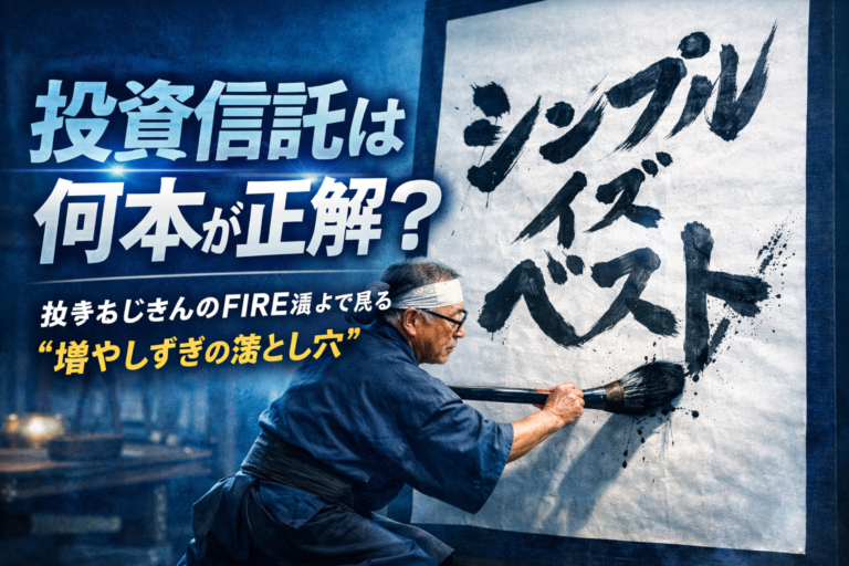 書道家のメガネおじさんが大きな和紙に「シンプルイズベスト」と力強く書き上げる様子。青基調の実写風で、投資信託は何本が正解かを象徴するアイキャッチ