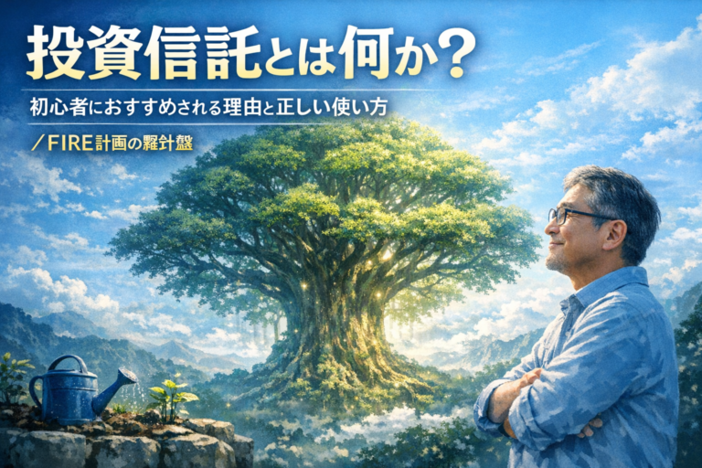 コツコツ積立した投資信託が世界樹のように大きく成長し、それを優しく見守るメガネのおじさんを描いた青基調のイメージ