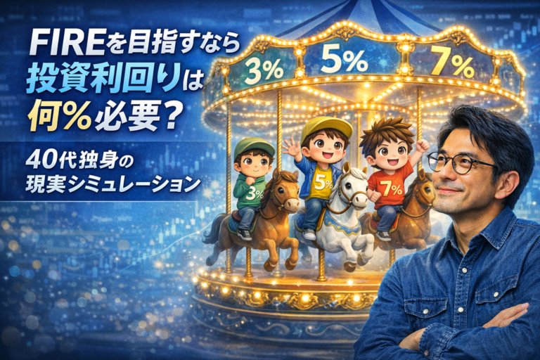 FIREを目指す投資利回りをテーマに、3％・5％・7％を擬人化した子どもたちがメリーゴーランドに乗り、それを穏やかに見守るメガネの40代男性のイメージ