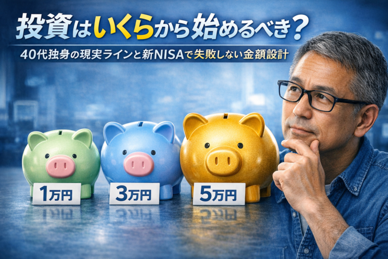 1万円・3万円・5万円の異なる色の貯金箱を前に、どの金額から投資を始めるか悩むメガネのおじさん。40代独身の新NISA投資金額を考えるイメージ