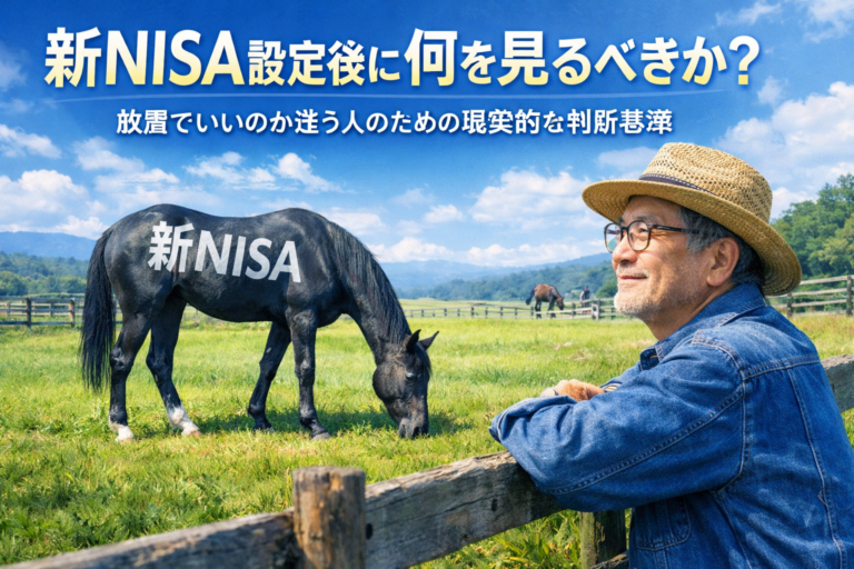 新NISAという文字が体に入った馬を放牧し、干渉せず見守るメガネのおじさん（牧場主）のイメージ。新NISA設定後は放置しつつ育てることの大切さを表現した実写風・青基調のアイキャッチ