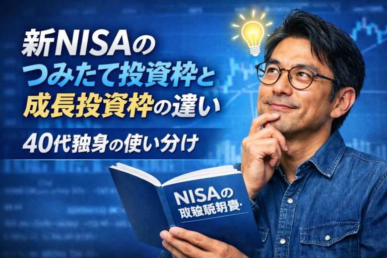 新NISAのつみたて投資枠と成長投資枠の違いを理解しようと、NISAの取扱説明書を読んでひらめくメガネの40代独身男性のイメージ