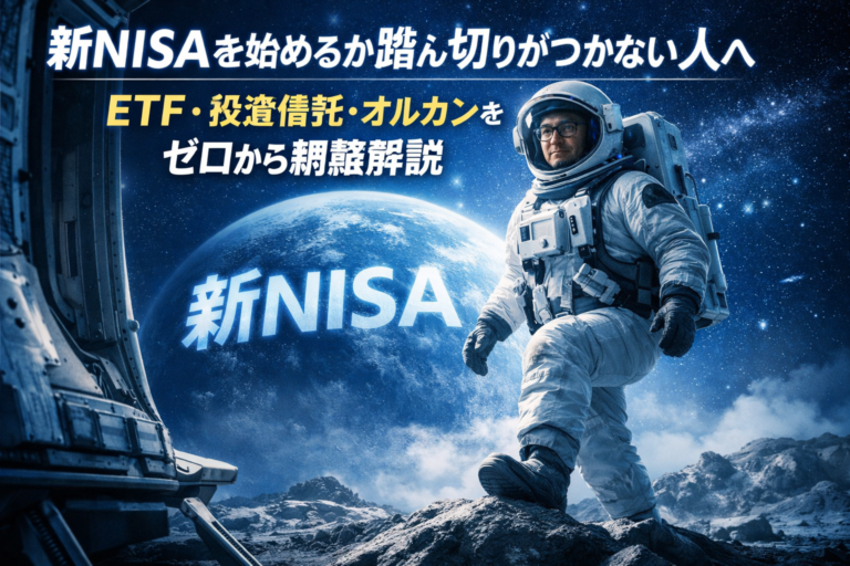 新NISAという惑星に降り立ち、宇宙船から一歩を踏み出すメガネのおじさん宇宙飛行士。ETF・投資信託・オルカンをゼロから学び始めるイメージのアイキャッチ画像