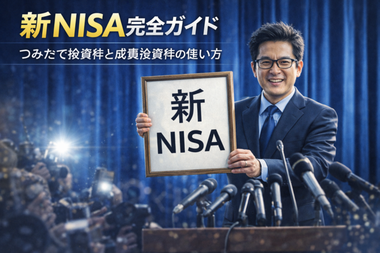新NISA完全ガイドを発表する記者会見風のメガネおじさん。青い背景の会見場で「新NISA」と書かれたパネルを掲げて制度開始を発表しているイメージ。